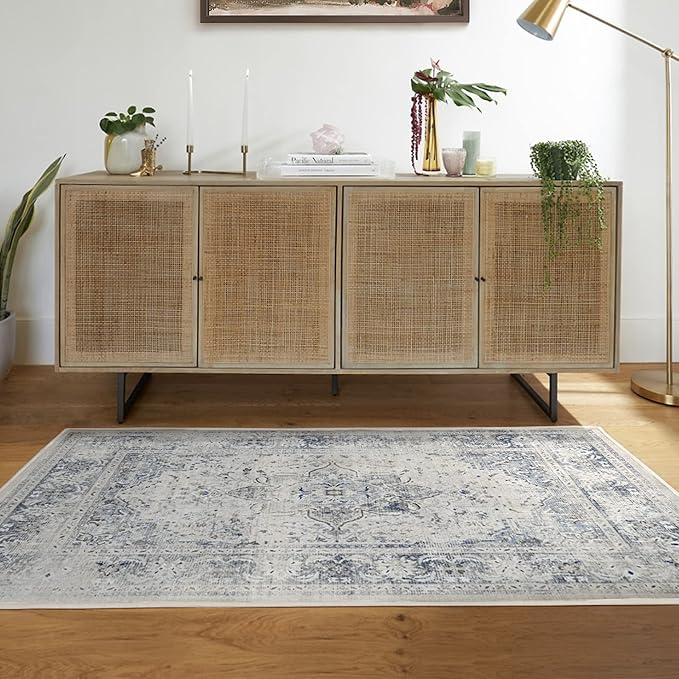 RUGGABLE Washable Vintage Area Rug – Sarrah Blue Quartz 3x5, Stain-Resistant, Non-Slip – Small Machine Washable Rugs for Living Room, Bedroom, Hallway, Entryway & Office–with Cushioned Pad
