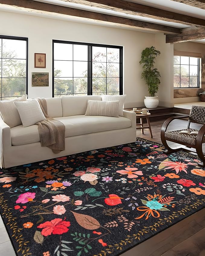 Area Rug 8x10, Washable Large Rugs for Living Room, Non Slip 0.27″ Low Pile Vintage Floral Large Carpet for Bedroom, Living Room, Dining Room, Kids Playroom (Black)