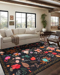 Area Rug 8x10, Washable Large Rugs for Living Room, Non Slip 0.27″ Low Pile Vintage Floral Large Carpet for Bedroom, Living Room, Dining Room, Kids Playroom (Black)