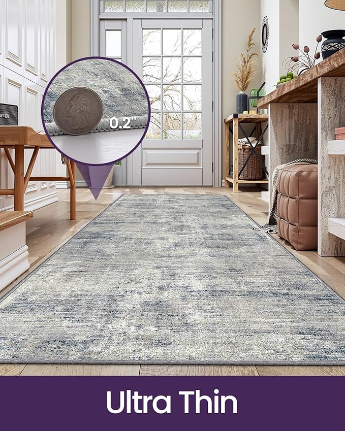 DEXI Hallway Runner Rug 3x10, Modern Abstract Non Slip Thin Soft Runners Carpet, Stain Resistant Washable Indoor Rug for Hallway Entryway Kitchen Laundry Room Living Room, Blue