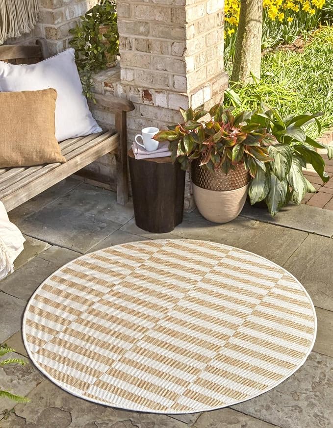 Unique Loom Outdoor Striped Collection Area Rug - Striped (12' Round Taupe/Ivory)
