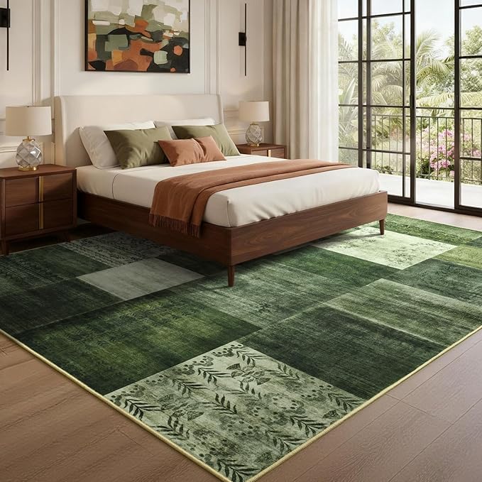 DweIke Washable Area Rugs for Living Room, 6x9 Large Bedroom Rugs, Geometric Print Non Slip Low Pile Indoor Throw Carpets for Bedroom Apartment Dining Room Home Office Hardwood Floor, Green