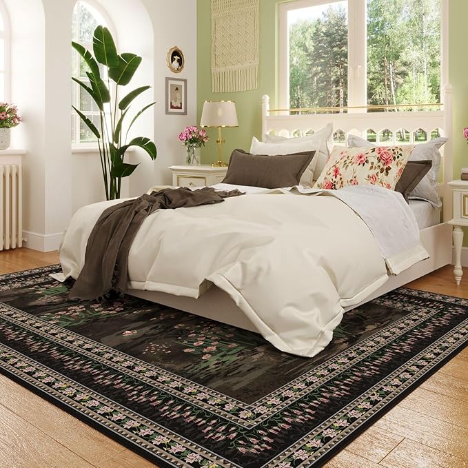 Rugcomf Area Rugs 8x10 Clearance Impressionist-Style Vintage Washable Area Rug Non Slip Low Pile Large Rug for Bedroom Farmhouse Dining Room Kids Playroom, Black