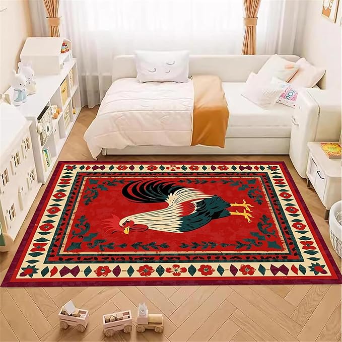 Vintage Rooster Area Rug,3x5ft,Beautiful Floral Border Country Style Rooster Rug，Colorful Retro Home Decoration Rugs，Washable Carpet for Living Room Bedroom Kitchen Farmhouse Office