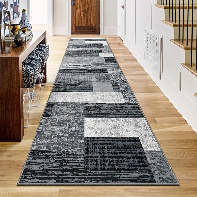 Indoor Runner Rug, Washable Runner Rug with Rubber Backing, Modern Geometric Patchwork Aesthetic Carpet for Bedroom, Living Room, Hallway, Entryway, Washable Rugs Rockwood Collection, 2.7x8 Ft Grey