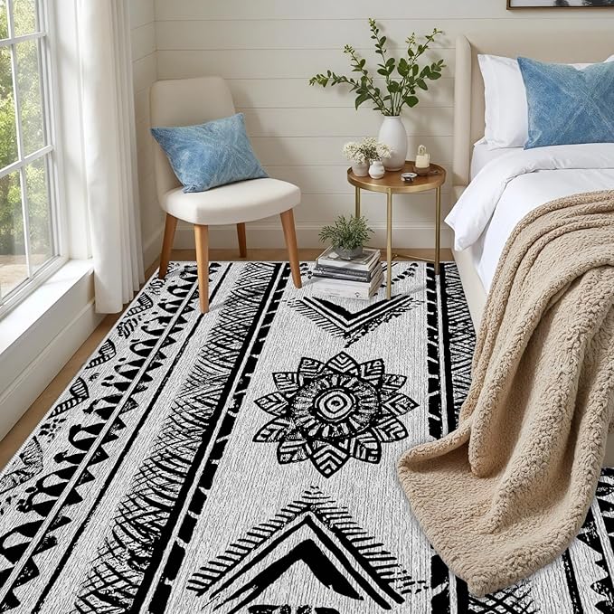 Area Rugs Moroccan for Living Room 4x5, Washable Non-Slip Boho Rug, Neutral Farmhouse Soft Carpet for Bedroom, Kitchen, Dining Room, Entryway, Geometric Print Tribal Carpets, Black and White