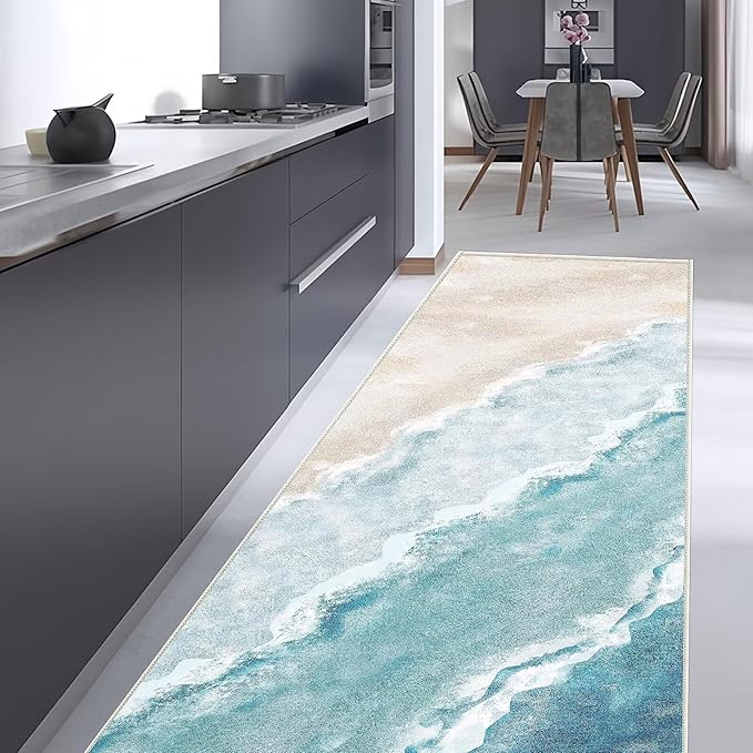 Beach Pattern 2.6x8ft Runner Rug Non Slip Washable Kitchen Runner Rug with Rubber Backing，Low-Pile Soft Washable Runner Rugs for Hallway Entryway Kitchen Bedroom Living Room Bathroom