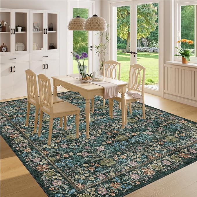 DUKINO 8x10 Area Rugs for Living Room, Vintage Floral Washable Rug with Non Slip Backing, Soft Low Pile & Non-Shedding Large Carpets for Bedroom, Farmhouse, Dining Room, Home Office, Blue