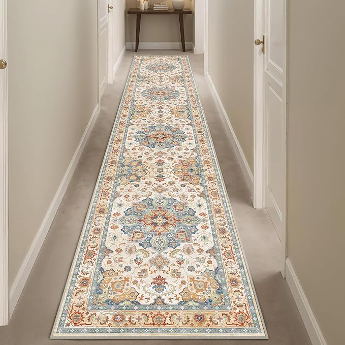 Enkor Runner Rugs for Hallway, 2x10 Washable Soft Non Slip Floor Rugs for Kitchen, Modern Mat for Living Room Bedroom Entryway Orange & Beige