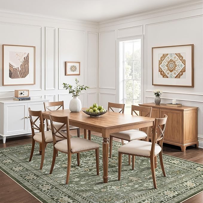 9x12 Area Rug Living Room: Washable Boho Large Neutral Vintage Soft Rugs Stain Resistant Farmhouse Non Slip Indoor Floor Carpet for Bedroom Nursery Kids Playroom Office Dining Room Home- Dark Green