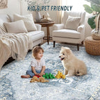 8x10 Area Rugs Washable Rugs for Living Room, Large Vintage Boho Rug Non-Slip Soft Floral Distressed Rug Low Pile Stain Resistant Carpet for Bedroom Nursery Office Dining Room Farmhouse(Blue, 8'x10')