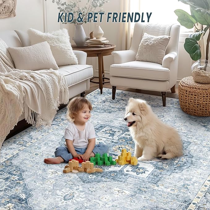 9x12 Area Rugs Washable Rugs for Living Room, Large Vintage Boho Rug Non-Slip Soft Floral Distressed Rug Low Pile Stain Resistant Carpet for Bedroom Nursery Office Dining Room Farmhouse(Blue, 9'x12')