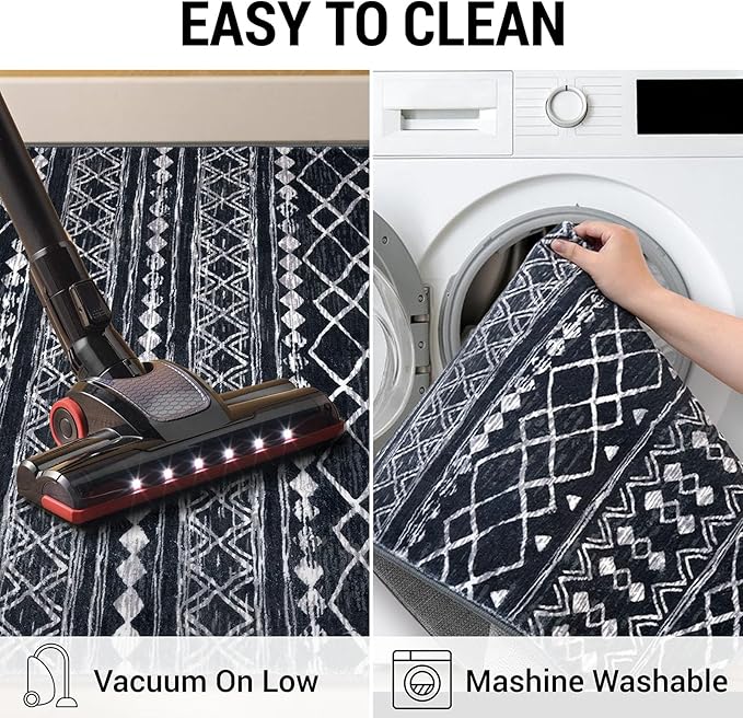 KUTA Boho Vintage Hallway Runners 2x5 ft Black Moroccan Washable Runner Rug Non-Slip Kitchen Rug Ultra Soft Distressed Geometric Floor Carpet for Bedroom Laundry Living Room