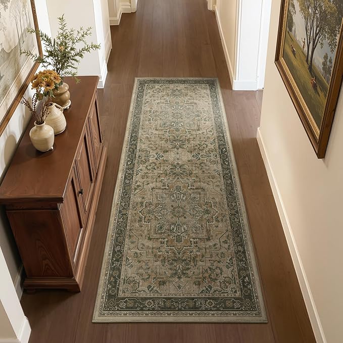 Vintage 2x6 Kitchen Runners Washable Non Slip, Low Pile Distressed Printed Carpet Runners for Hallway 6ft Indoor Entryway/Bedroom Bedside/Laundry Room/Bathroom, Multi Brown/Green