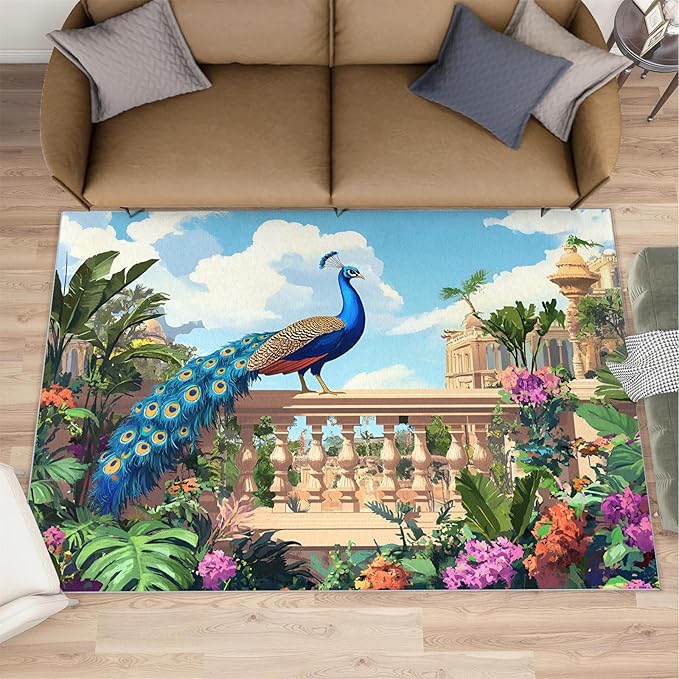 Peacock Rugs for Living Room - 2x3 Rug, Tropical Palm Leaves Area Rugs for Bedroom, Peacock Decor Rug, Floral Animal Washable Carpet, Peafowl Carpet - Peafowl Home Decor & Gifts