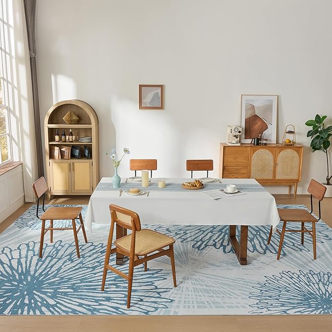 WITSHOCK 12x15 Washable Rug for Living Room,Modern Floral Distress Print Pattern Area Rugs,Stain Resistant with Non Slip Backing Carpet for Dining Room,Bedroom & Home Decor,Blue/Light Blue