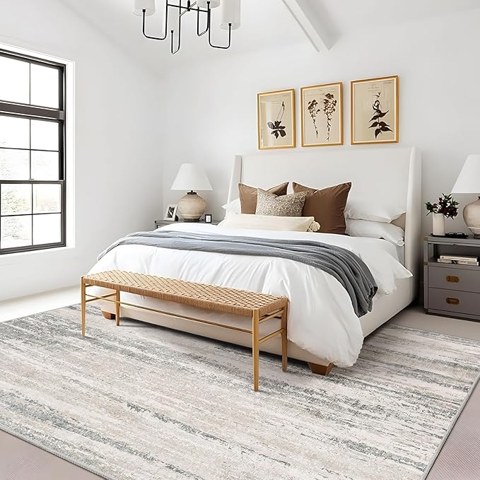 MUJOO 8x10 Area Rugs,Washable Rugs for Living Room Bedroom Dining Room,Modern Abstract Large Non Slip Carpet Indoor,Low Pile Throw Rug Accent Neutral Beige and Grey