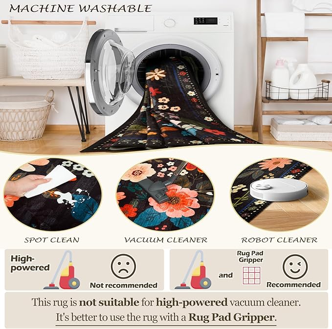 Floral 2x6 Area Rug Machine Washable Soft Print Boho Carpet Non Slip Doormat Low Pile Flower Area Rugs for Living Room Bedroom Nursery Kitchen Dining Room Indoor-Black