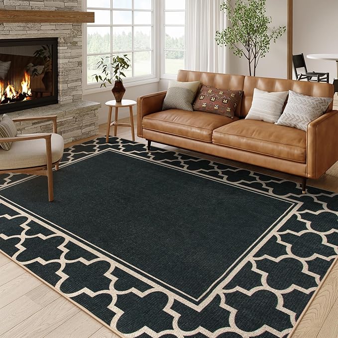 Moynesa Moroccan Easy Jute Outdoor Rug 8x10, Black Washable Living Room Rug Indoor Outdoor Patio Rug Non Slip, Geometric Farmhouse Carpet for Backyard Bedroom Dining Room