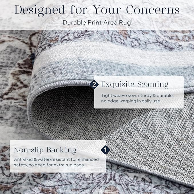 Phantoscope Washable Runner Rug 2'x10' Non-Slip, Vintage Neutral Hallway Rugs for Entryway, Stair, Bedroom, Distressed Boho Floral Medallion Pattern, Low-Pile Foldable Carpet, Light Grey/Neutral