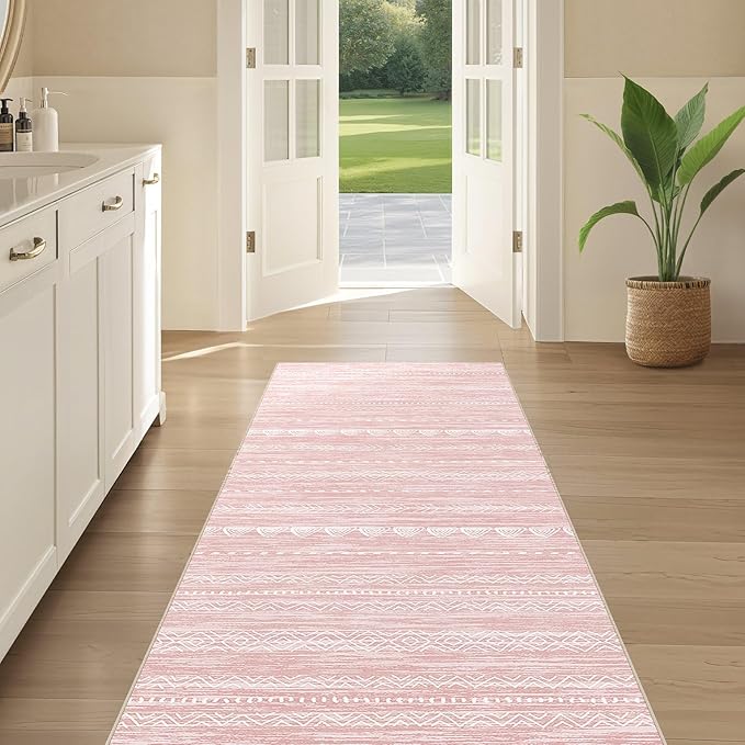 Nakagishi Runner Rug Kitchen Washable Rugs: 3x8 Non-Slip Boho Soft Modern Stain Resistant Indoor Floor Neutral Farmhouse Throw Carpet for Hallway Bathroom Laundry Room Entryway Bedroom- Pink