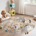 6ft Round Area Rug Living Room Rugs - 6x6 Washable Large Soft Indoor Neutral Modern Abstract Low Pile Rug Carpet for Bedroom Dining Room Farmhouse Home Office - Grey Brown