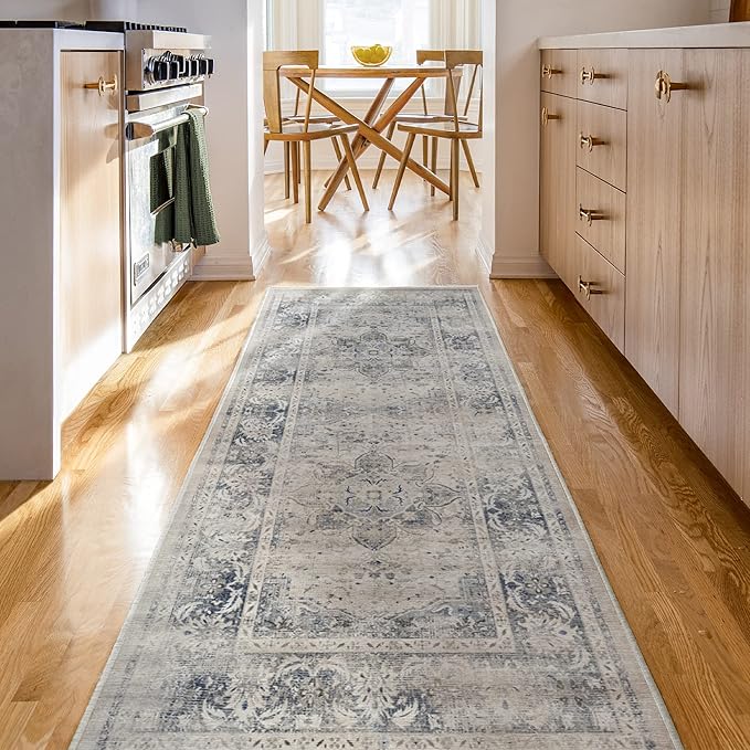 RUGGABLE Washable Vintage Area Rug – Sarrah Blue Quartz 4x6, Stain-Resistant, Non-Slip – Medium Machine Washable Rugs for Living Room, Bedroom, Hallway, Entryway & Office–with Standard Pad