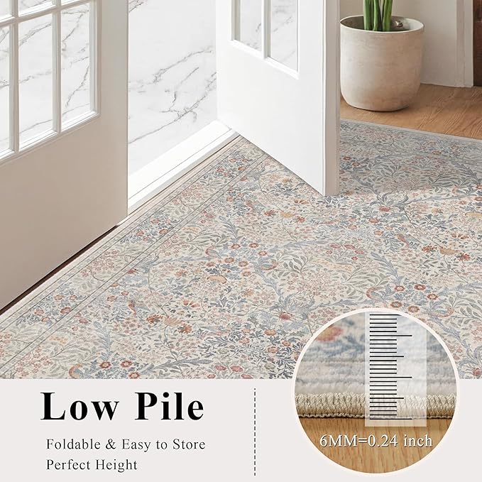2x3 Floral Washable Area Rugs for Living Room, Vintage Boho Large Rug for Bedroom Dining Room， Distressed Botanical Birds Non Slip Low Pile Forest Animal Throw Carpet for Farmhouse Office, Beige Blue
