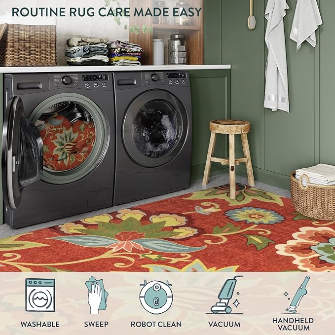 Lahome Floral Red 3x5 Area Rug, Washable Kitchen Fall Rugs Non-Slip ‎Stain Resistant Soft Throw Low-Pile Carpet for Bedroom, Christmas Paisley Print Floor Carpet for Living Room Entryway Office