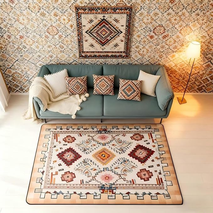 Bohemian Area Rug 3x5 Boho Decor Western Rugs for Living Room | Southwestern Native Aztec Washable Rug, Ethnic Tribal Geometric Carpet Indoor Floor Mat