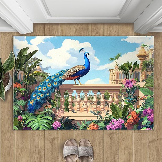Peacock Rugs for Living Room - 3x4 Rug, Tropical Palm Leaves Area Rugs for Bedroom, Peacock Decor Rug, Floral Animal Washable Carpet, Peafowl Carpet - Peafowl Home Decor & Gifts