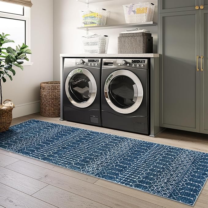 Lahome Moroccan Washable Kitchen Runner 2x8 Carpet Runners for Hallway 8Ft Low-Profile Non-Slip, Indoor Geometric Print Distressed Rug for Entryway Laundry Room Foyer, (Blue,2'x8')