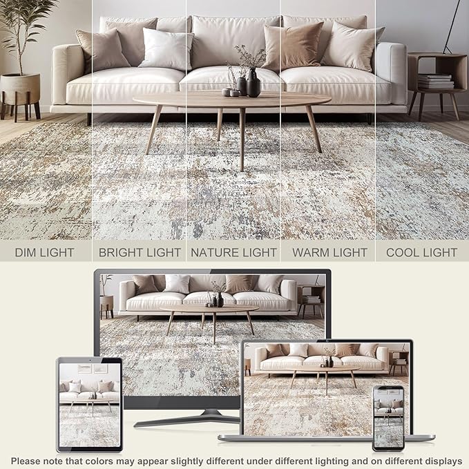 Area Rug Living Room Rugs - 9x12 Washable Large Soft Indoor Neutral Modern Abstract Low Pile Rug Carpet for Bedroom Dining Room Farmhouse Home Office - Brown/Grey/Black