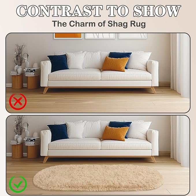 Soft Fluffy Area Rug for Bedroom, Beige Fuzzy Shaggy Oval Throw Rugs for Bedside, Non-Slip Cozy Plush Shag Carpet for Kids Room Nursery Dorm Living Room, 2.6 x 5.3 Feet