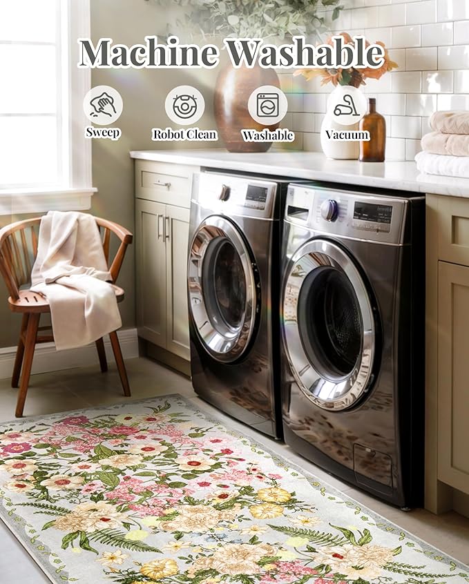 Door Mat Indoor Entrance 2x3 - Floral Rug Washable Small Area Rug Non-Slip Low Pile Rugs for Entryway, Kitchen, Bedroom, Entry - Grey