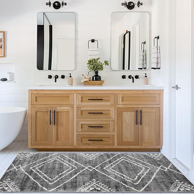 ReaLife Rugs Machine Washable Area Rug Runner - Living Room Bedroom Bathroom Kitchen Entryway Office - Padded Low Pile Stain Resistant Premium - Moroccan Diamond Tribal - Jax - Gray 2'6" x 10'