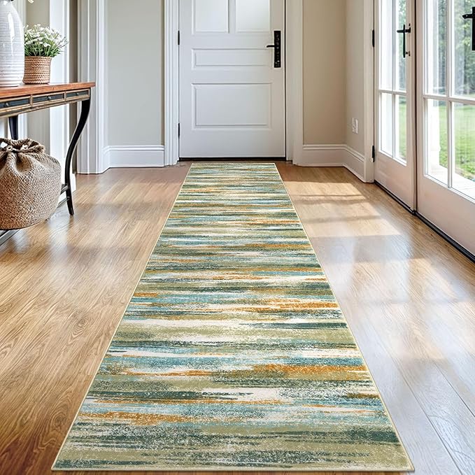 Modern Abstract Runner Rug 2x12, Green Mustard Multi Washable Long Kitchen Runner Non-Slip Soft Hallway Rug Runner Thin Print Faux Wool Carpet for Entryway Bedroom Laundry Room Indoor