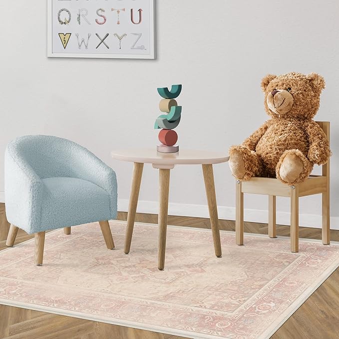 RUGGABLE Washable Area Rug – Kamran Soft Pink 4x6, Stain-Resistant, Non-Slip – Medium Machine Washable Rugs for Living Room, Bedroom, Hallway, Entryway & Office–with Standard Pad