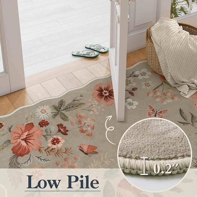 Lahome Floral Washable Kitchen Rug, Ultra-Thin Fall Door Mat, Indoor Entrance Stain Resistant Boho Small Low-Pile Throw Rug for Bathroom Bedroom (2x3ft, Brown)
