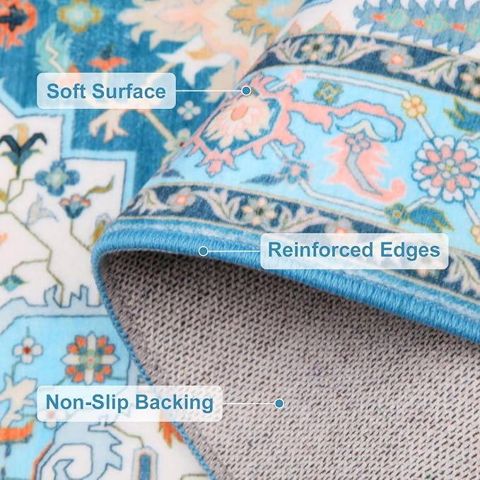 WILLSUN Washable Area Rugs, 9x12 Non-Slip Boho Large Area Rugs for Living Room, Bedroom, Machine Washable Vintage Rug, Indoor Floral Print Carpet for Home Decor, Kid & Pet Friendly Mat