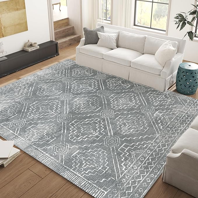 jinchan Moroccan 8x10 Area Rugs for Living Room - Machine Washable Soft Modern Geometric Stain Resistant Ultra-Thin Low-Pile Large Rug Carpet for Bedroom Kitchen Dining Room(8x10ft, Dark Grey)