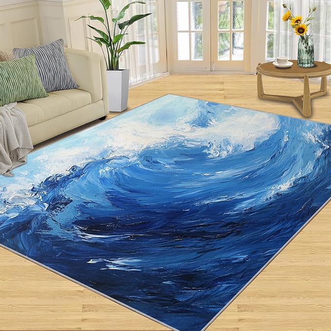 Japanese Ocean Rugs for Bedroom - 6x8 Area Rug - Ukiyo-E Ocean Waves Rugs for Living Room, Abstract Oil Painting Ocean Rug, Washable Home Decor Carpet