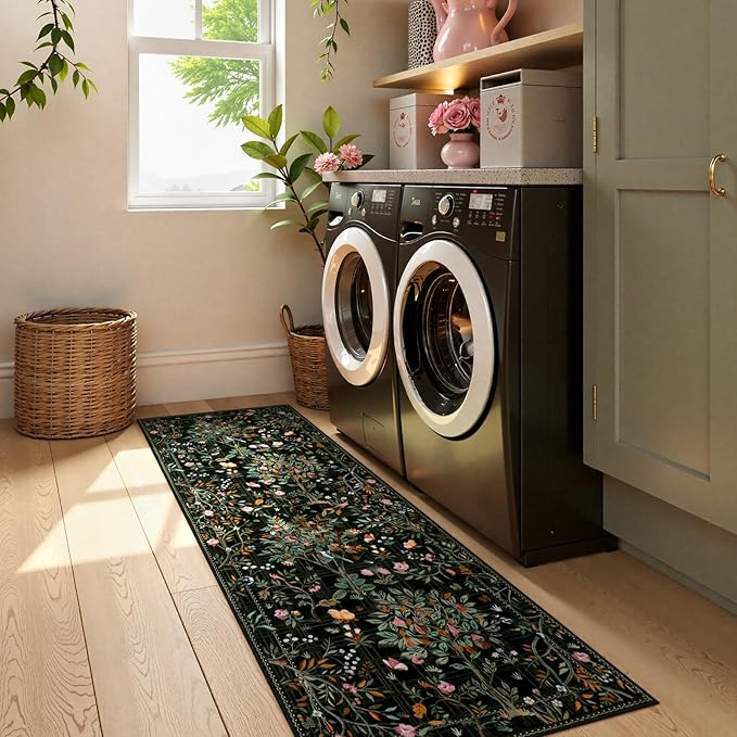 Morebes Floral Washable Rug Runners for Hallways Non Slip, Flower Kitchen Runner Rug 2x6, Boho Botanical Ultra-Thin Soft Floor Carpet for Bathroom Entryway Laundry Room, Black
