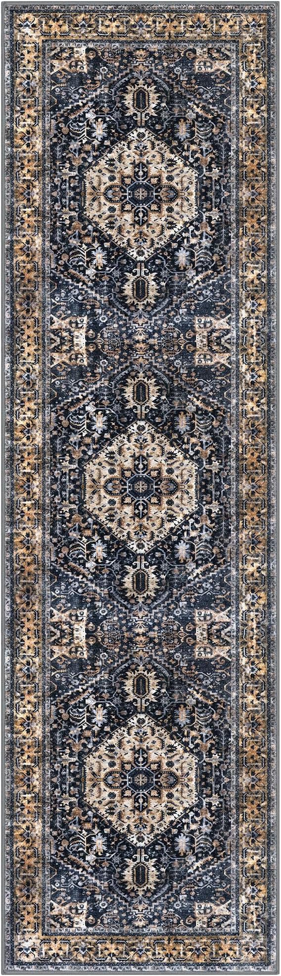 KOZYFLY Runners for Hallways 2x7 Ft Washable Kitchen Runner Rug Boho Runner Rug for Entryway Indoor Gold Navy Printed Oriental Faux Wool Floor Carpet Runner for Bedroom Kitchen Hall