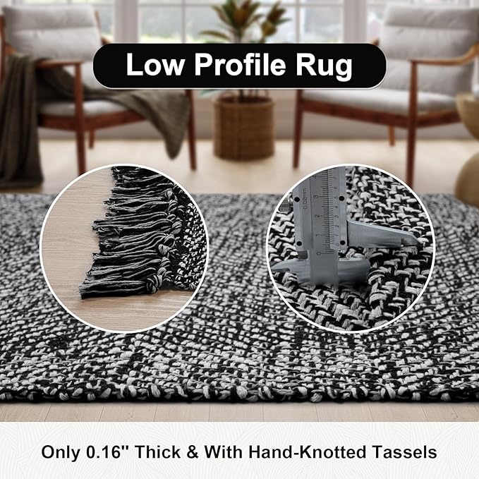 Collive Kitchen Runner Rug, 2' x 4.3' Cotton Hand-Woven Reversible Washable Rug, Black Bathroom Rugs Modern Farmhouse Hallway Carpet for Foyer Bedroom Entry Back Door Decor