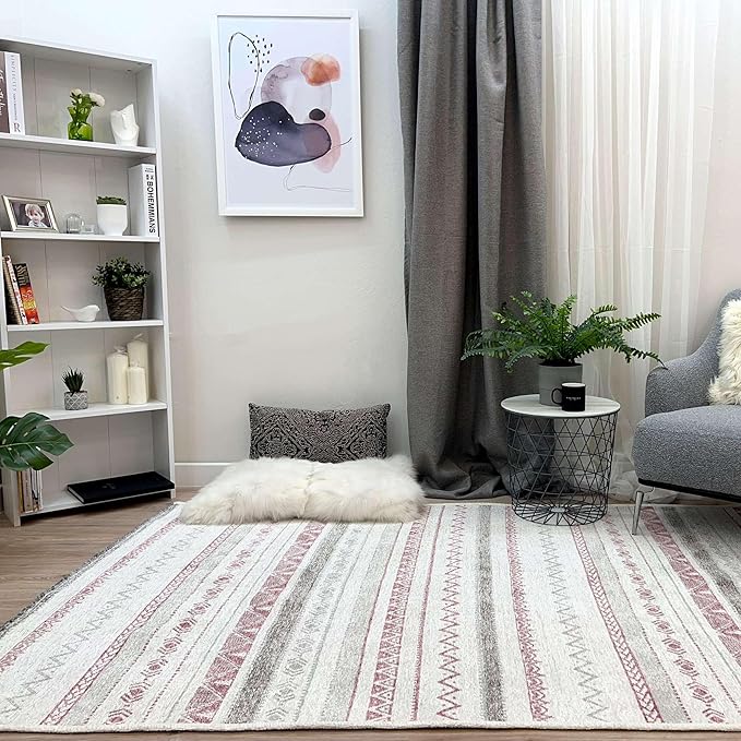 Alfa Rich 7x10 Mauve Off White Washable Area Rugs for Living Room Bedroom Kitchen Decor Cotton Rug
