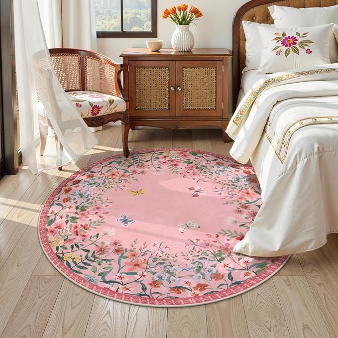 Wonnitar Washable 5ft Round Area Rug, Pink Floral Living Room Rugs for Bedroom Girls, Low Pile Soft Botanical Throw Carpet for Kids Nursery Room (Pink,5ft-Round)