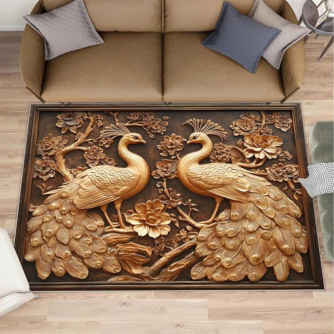 Peacock Rugs for Bedroom - 3x5 Rug, European Style Area Rugs for Living Room, Peacock Decor Carpet, Gold Peafowl Washable Area Mat, Luxury Carpet - Peafowl Home Decor & Gifts