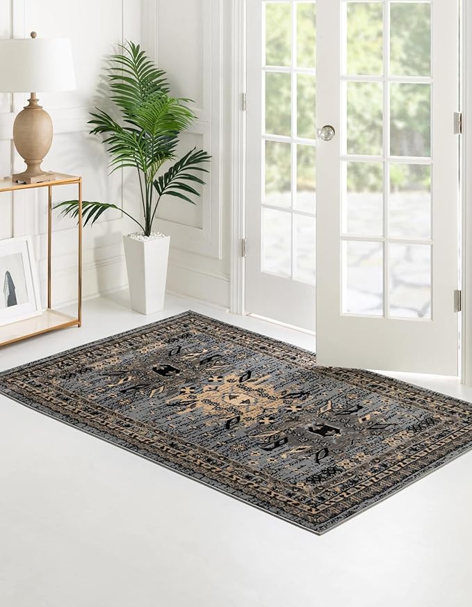 Unique Loom Taftan Collection Border Geometric Tribal Inspired Design Area Rug (8' 0 x 10' 0 Rectangular, Gray/ Black)