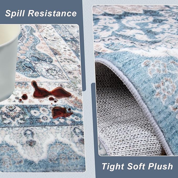 3x5 Area Rug for Bedroom, Machine Washable Rugs with Non-Slip Backing for Living Room, Soft Vintage Carpet Kitchen Laundry Kids Room Decor, Blue & Beige